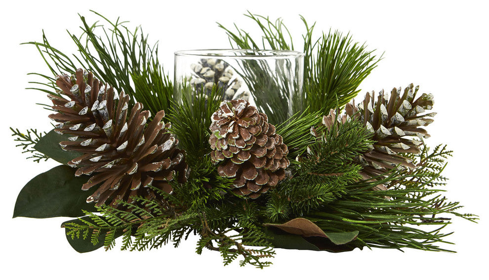 21" Pine Cone and Pine Artificial Arrangement Candelabrum