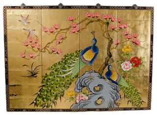 Oriental Wall Plaques Hand-Painted Peacock on Gold Leaf, 4-Piece Set, 56"x40"