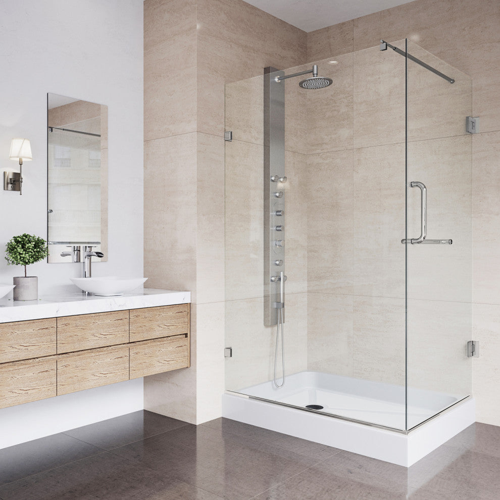 VIGO Pacifica 48"D x 36"W x 79"H Frameless Hinged Shower Enclosure, Brushed Nickel, Left Base