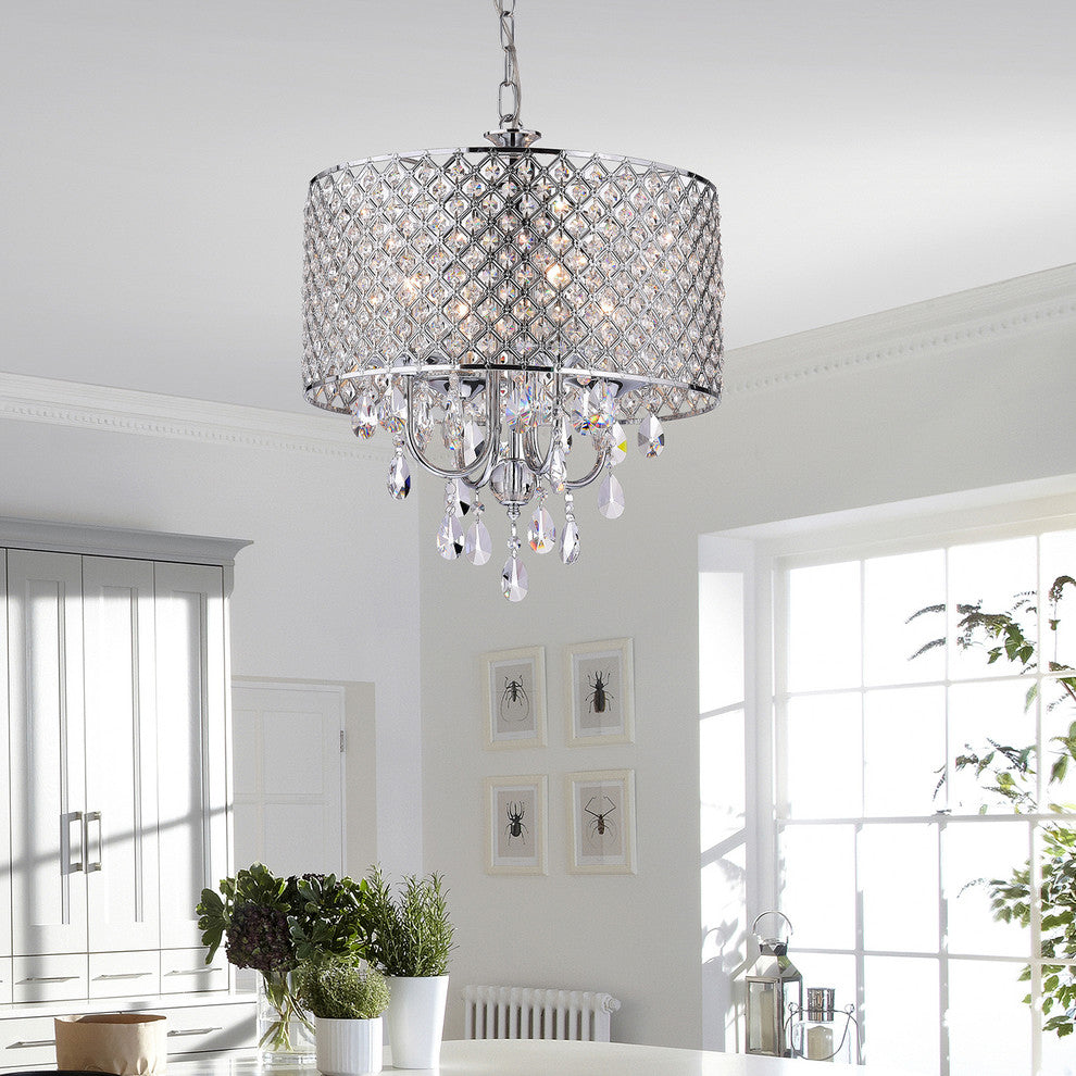 Marya 4-Light Chrome Round Beaded Drum Chandelier Hanging Crystals Glam