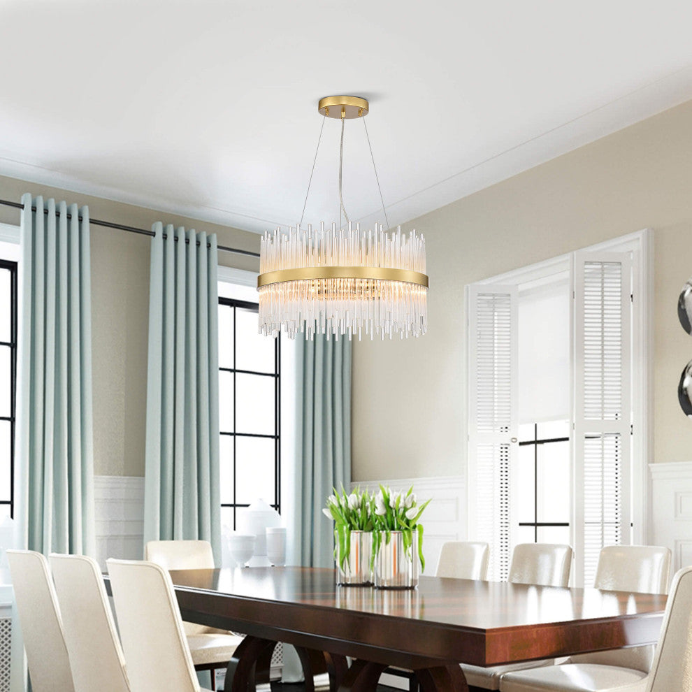 Casandra 5-light Modern Gold Drum Chandelier With Clear Glass Bars