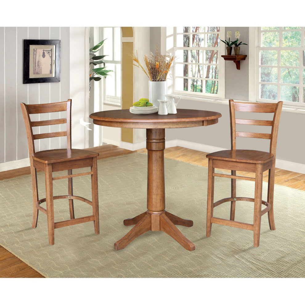 36" Round Extension Dining Table With Emily Counter Height Stools, Distressed Oak, 3 Piece