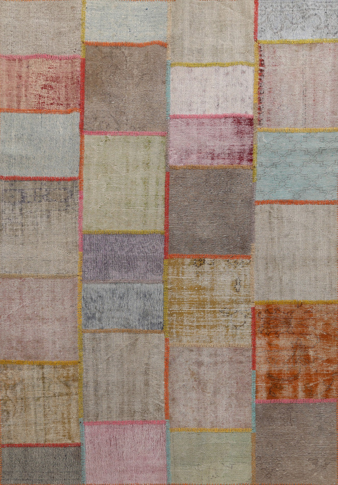 Vintage Patchwork Turkish Area Rug Hand-tufted Wool Carpet 7x10