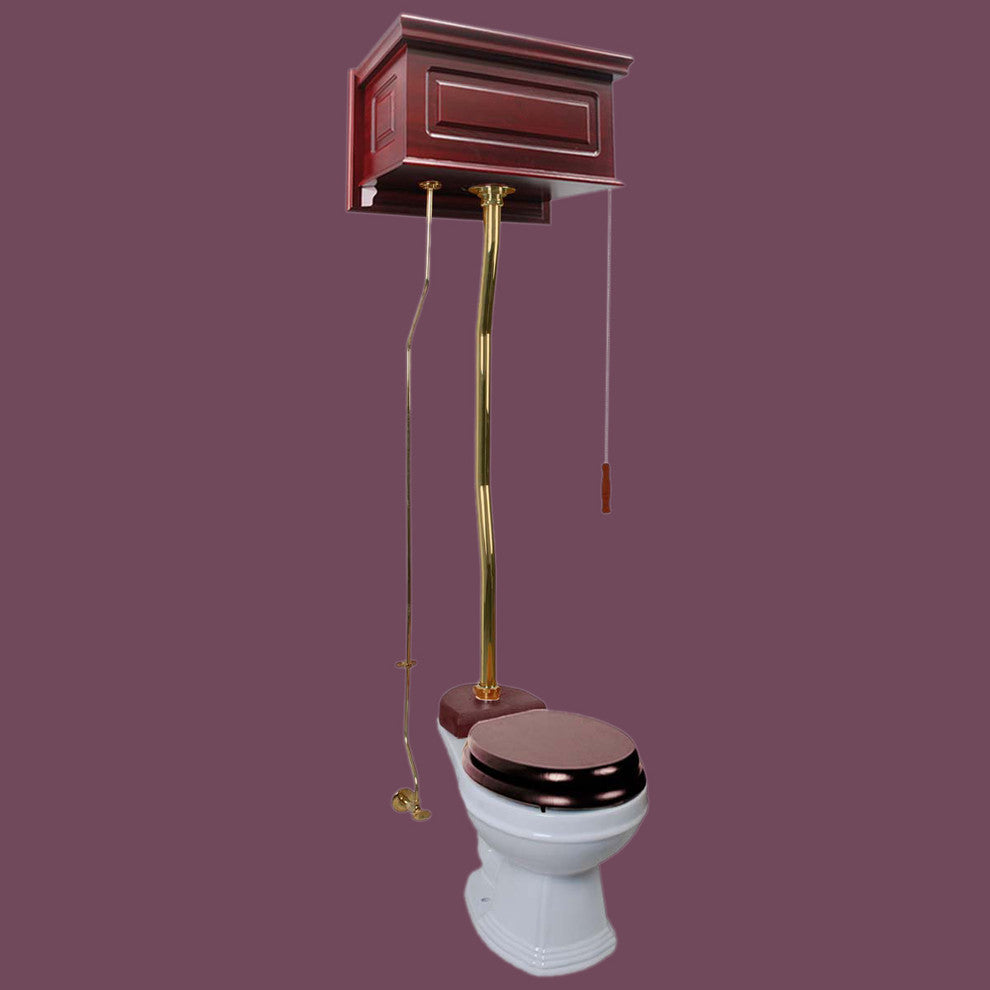 High Tank Toilets White Raised Panel Cherry Finish Round Z-Pipe, Cherry, Brass, White