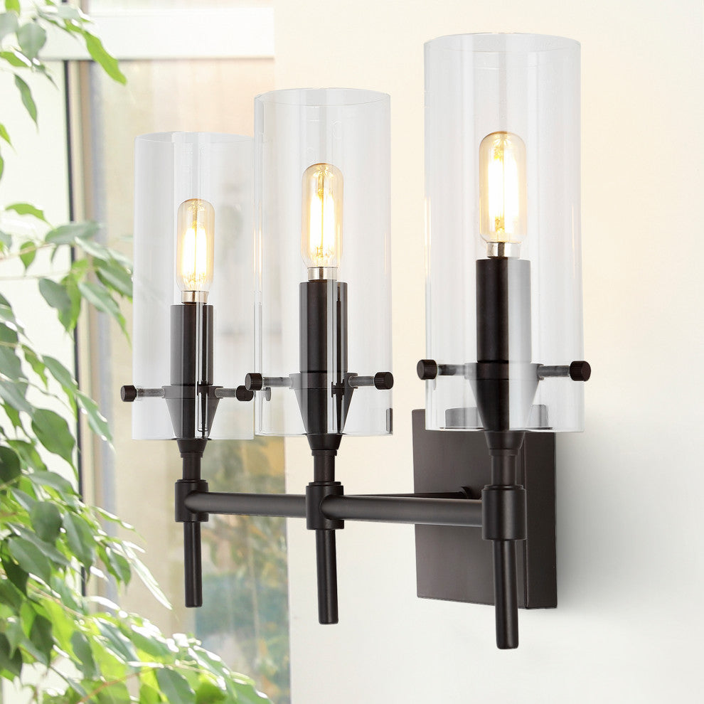 Cato 21.25" 3-Light Modern Farmhouse Iron/Glass Vanity, Oil Rubbed Bronze/Clear