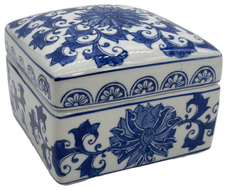 Blue & White Chinoiserie Square Ceramic Box - Lotus