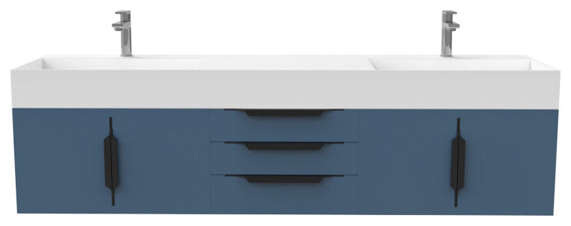 CastelloUSA Amazon 72" Wall Mounted Vanity Set, Blue, White Top, Black Handles