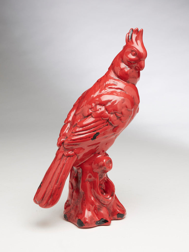 Cockatoo Ceramic Statue, Distressed Red Finish