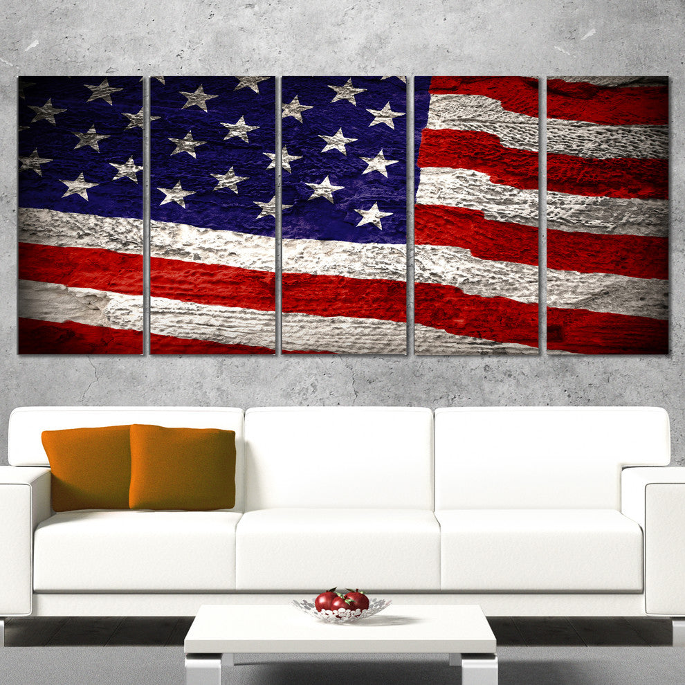 Large American Flag Watercolor, Abstract Canvas Artwork, 60"x28", 5 Panels