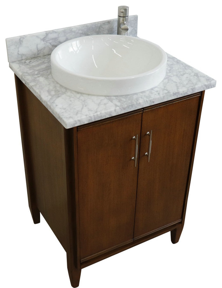 25" Single Sink Vanity, Walnut Finish, White Carrara Marble and Round Sink
