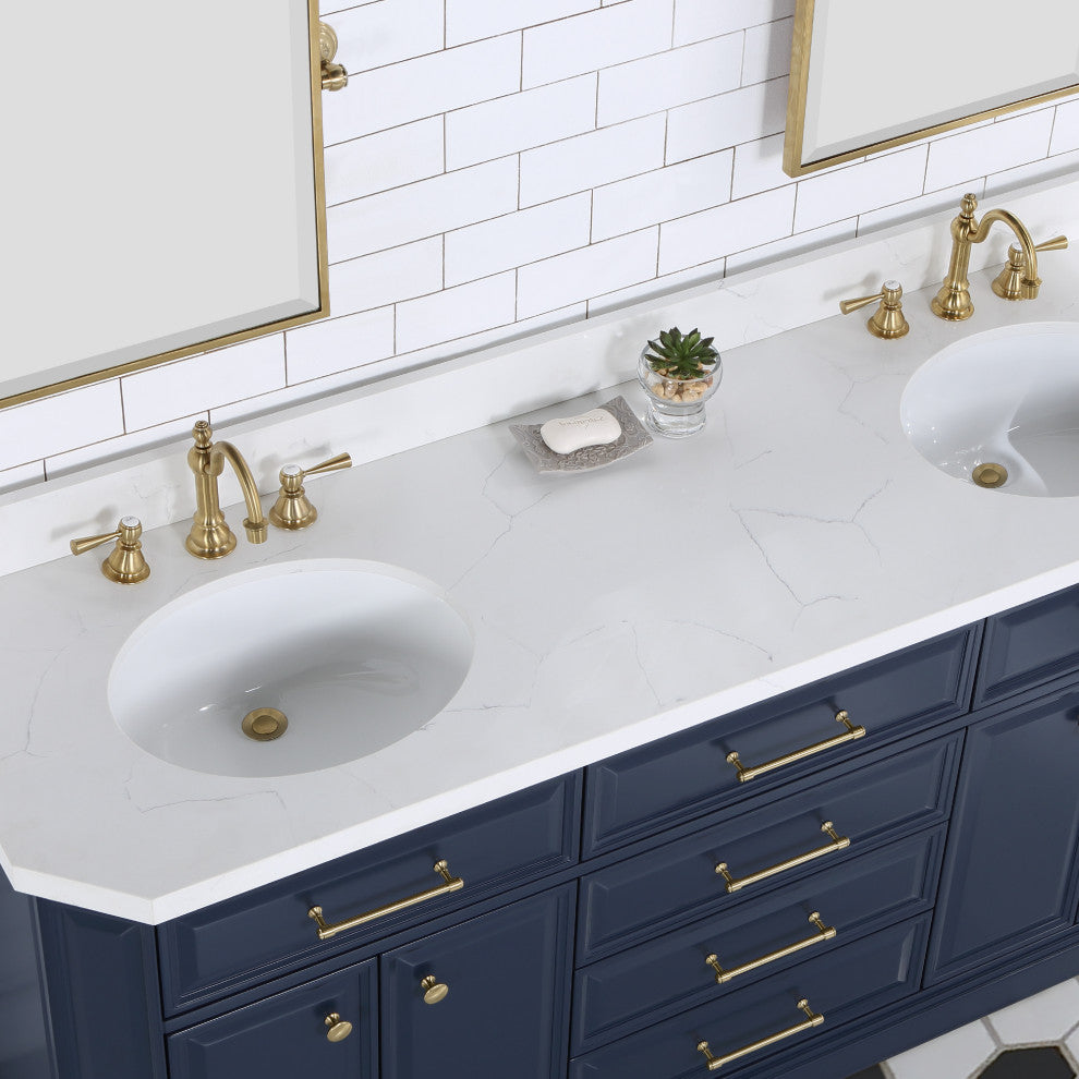 Palace 72 In. Double Sink White Quartz Countertop Vanity with Mirror, Blue
