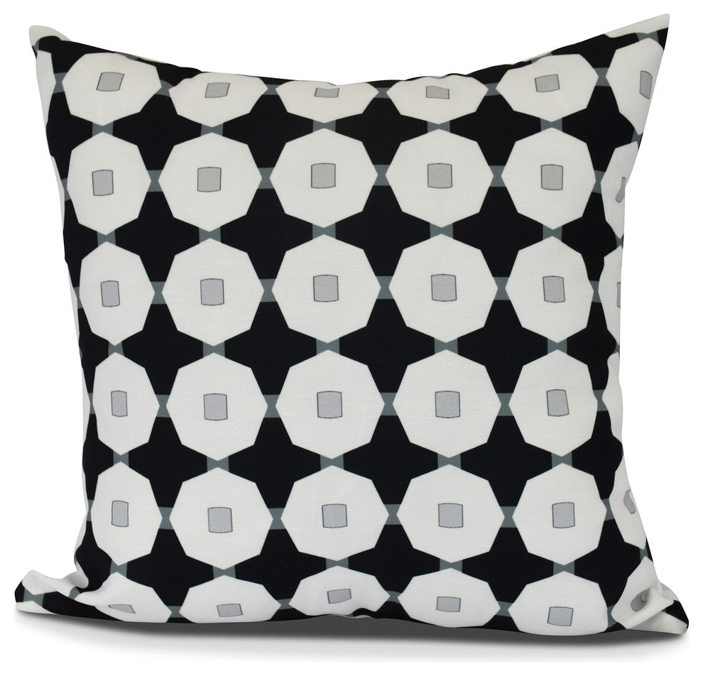 Button Up, Geometric Print Outdoor Pillow, Black, 16"x16"