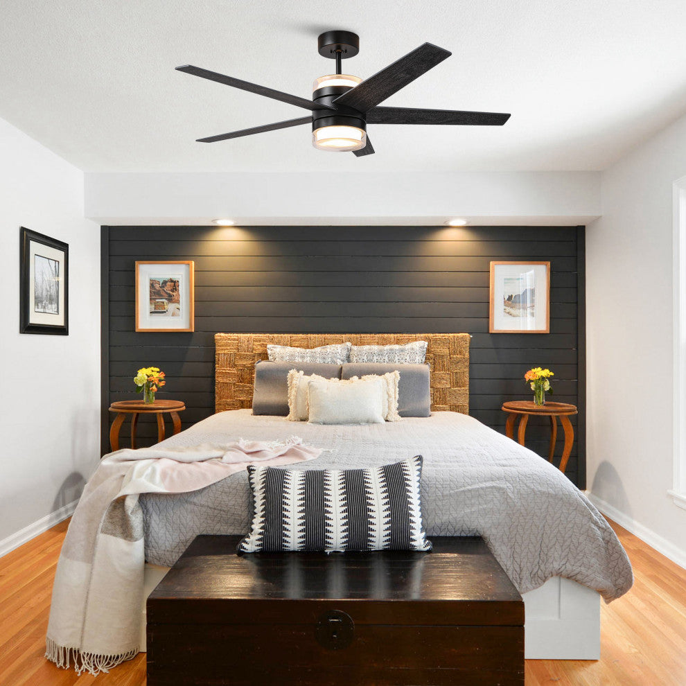 52-inch Black Modern Ceiling Fans with Lights and Wall Control