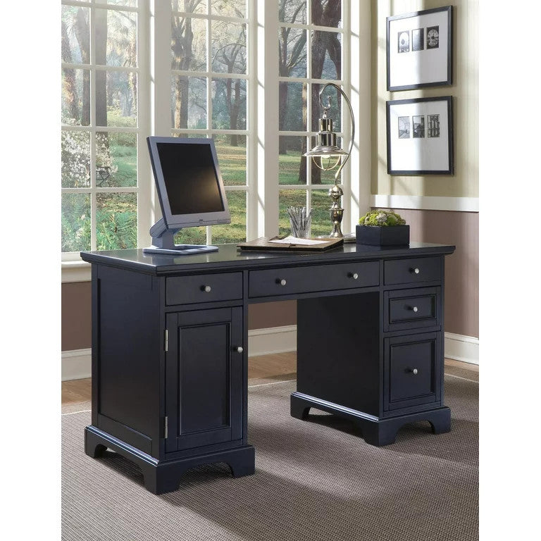Contemporary Executive Desk, Double Pedestal Design With Storage Drawers, Black