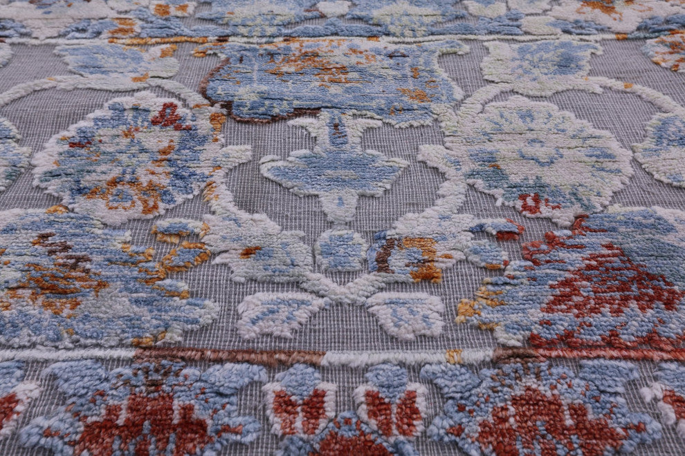 9' 0" X 12' 0" Wool and Silk Hi-Low Persian Hand Knotted Rug Q7196