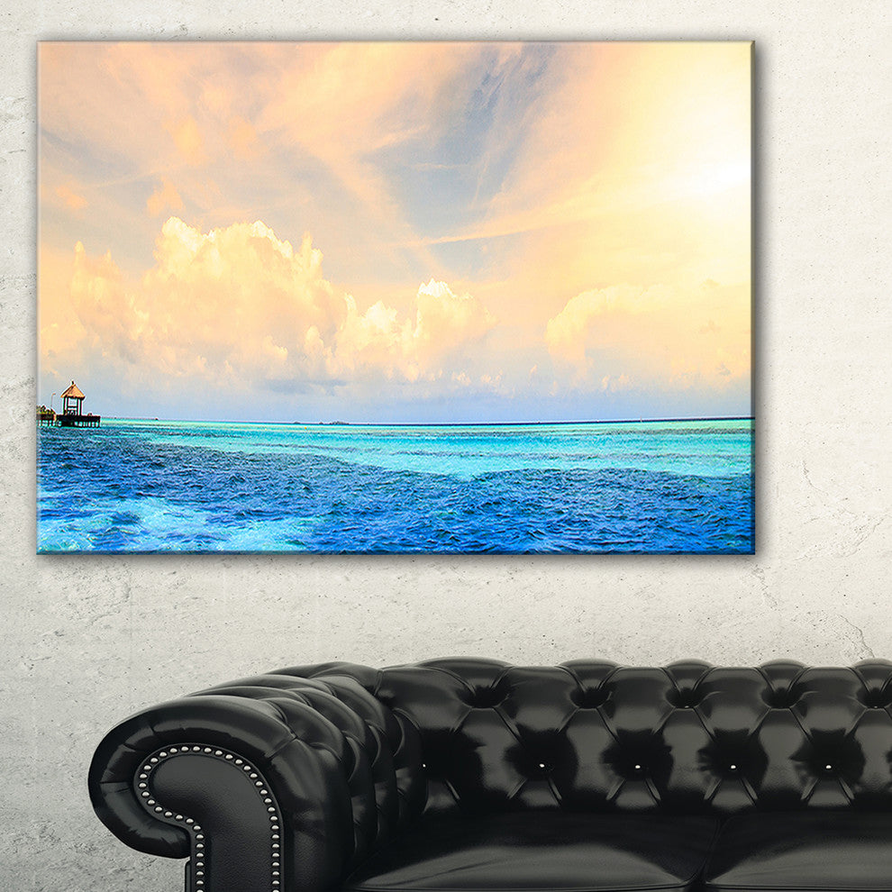 "Maldives Bungalows Sunset Panorama" Extra Large Seascape Art Canvas, 32"x16"