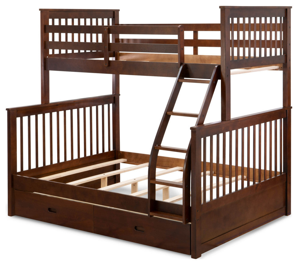 Twin Bed, Two Split Beds, The Both Beds Secure Due To Guard Rails, Walnut Finish