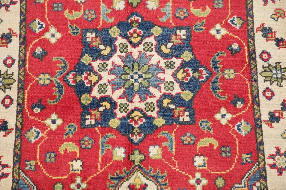 Oriental Pakistani Kazak Wool Hand-Knotted Traditional Area Rug, Red, 4'4"X2'8"