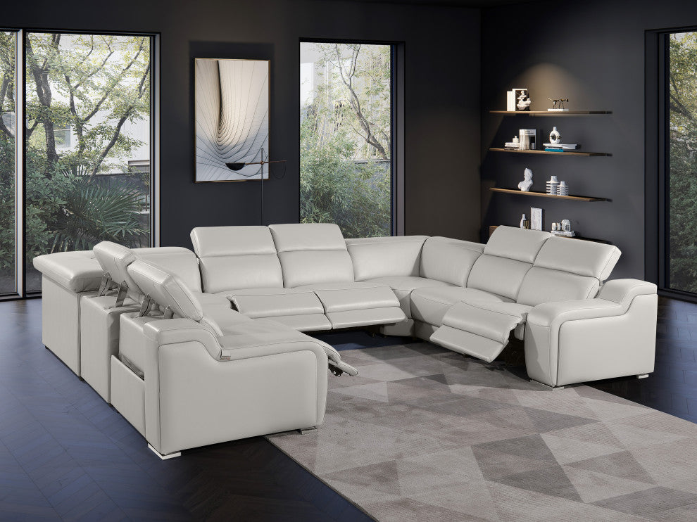 Marco-8-Piece 4-Power Reclining Italian Leather Sectional, Light Gray