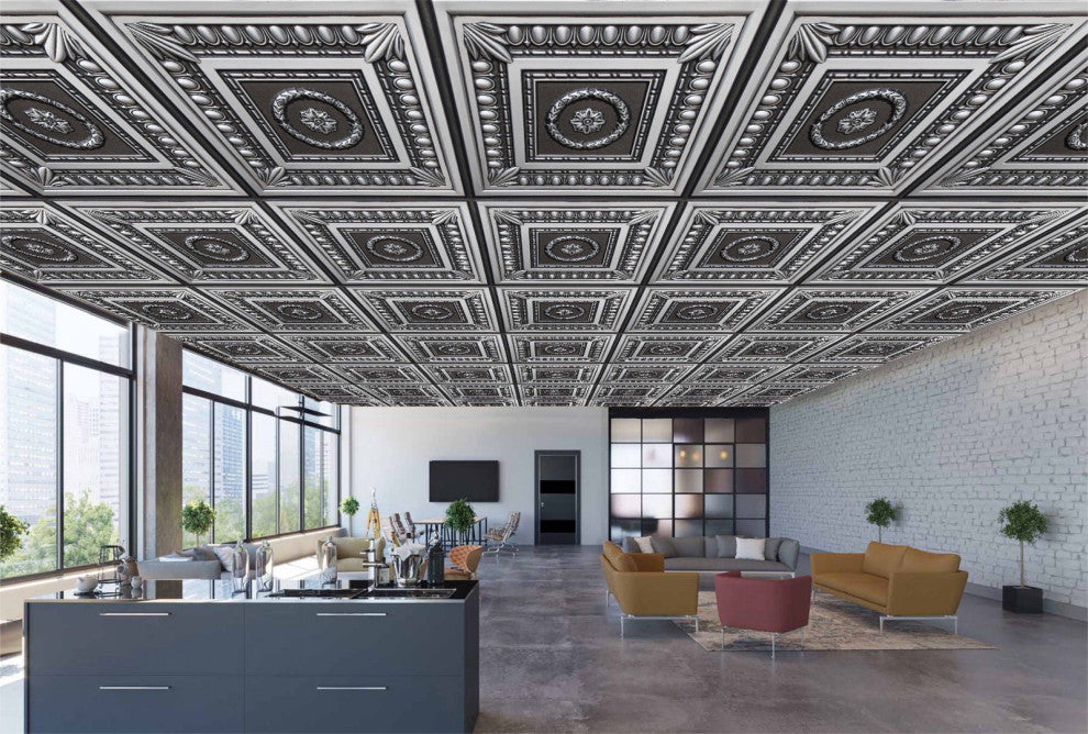 Antique Silver 3D Ceiling Panels, 2'x2', 40 Sq Ft, Pack of 10