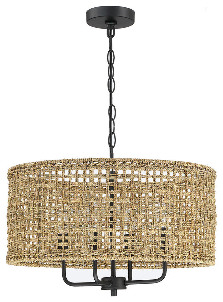 20" 4-Light Bohemian Coastal Drum Chandelier with Seagrass Hand Woven Shade