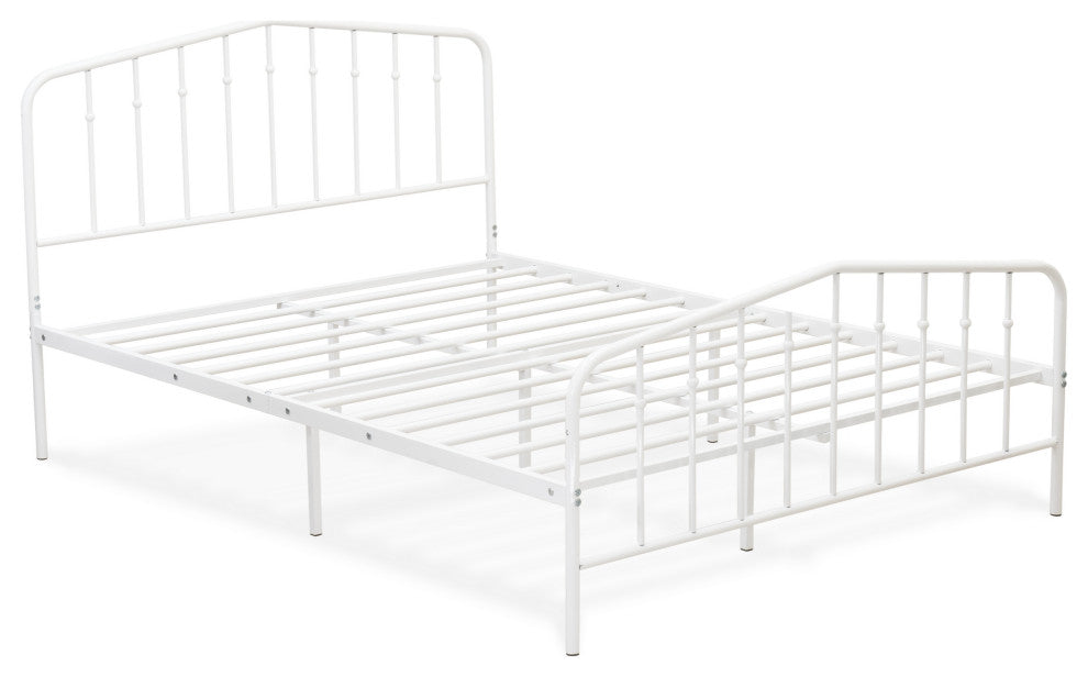 Kemah Full Bed Frame, 3 Supporting Metal Legs Deluxe Bed In Powder Coating White