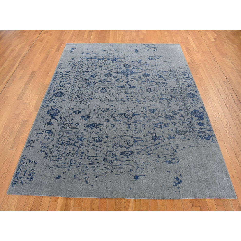 Battleship Gray, Jacquard Hand Loomed Hand Knotted Pure Wool Rug, 7'10"x10'
