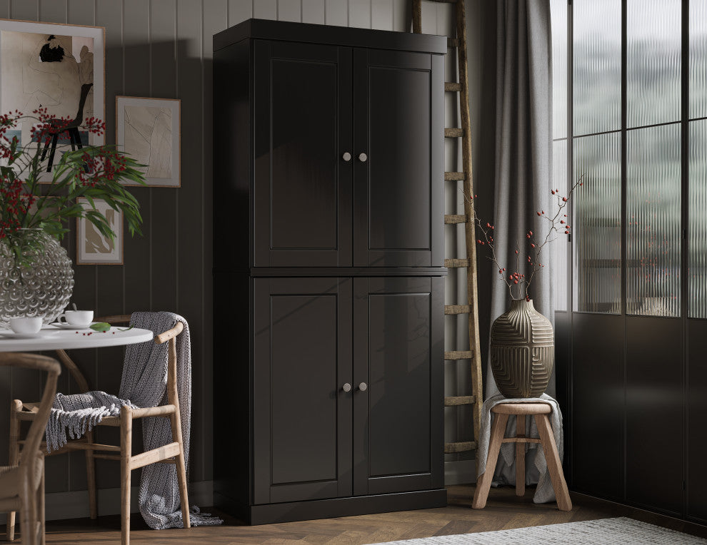 100% Solid Wood 32" Kitchen Pantry with Solid Doors, 2-Drawers, Black