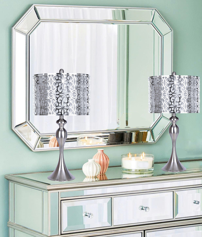 27" Brushed Nickel Table Lamp, Sleek Curvy Body, Brushed Nickel Shades, Set of 2