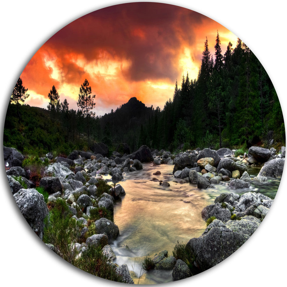 Rocky Mountain River At Sunset, Round Wall Art Landscape, 11"