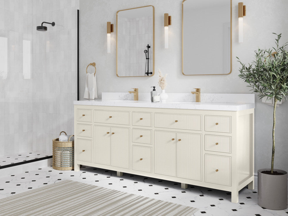 Sonoma 84" Double Sink Bath Vanity in Alabaster, 2" Calacatta Black