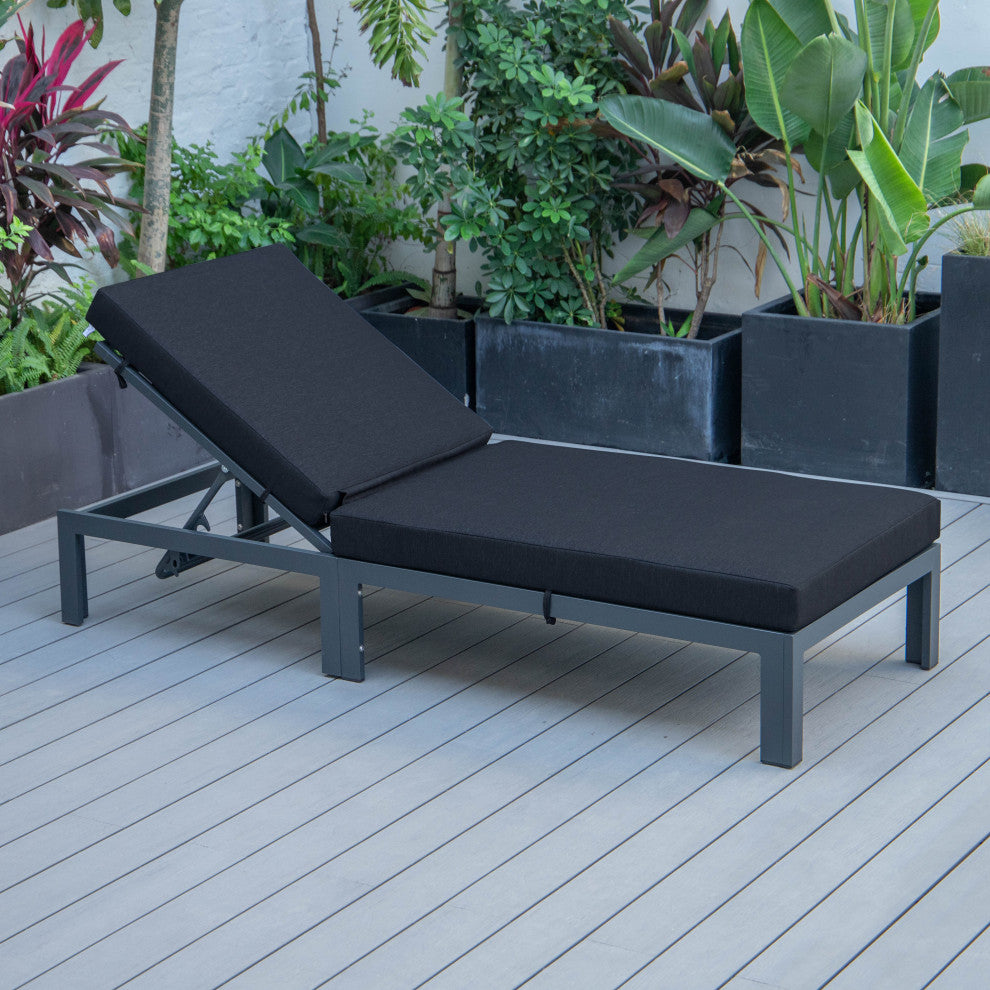 LeisureMod Chelsea Aluminum Patio Chasie Lounge Chair With Cushions, Black