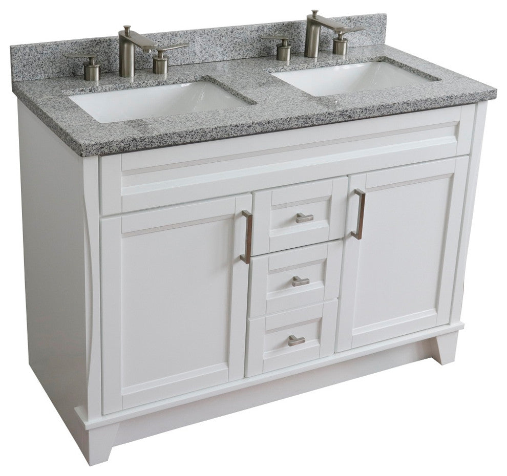 48" Double Sink Vanity, White Finish With Gray Granite And Rectangle Sink