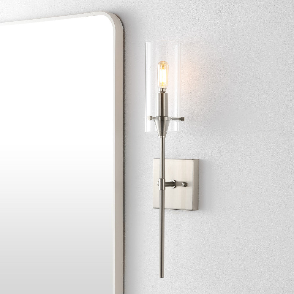 Cato 4.5" 1-Light Bohemian Farmhouse Iron/Glass LED Sconce, Nickel/Clear