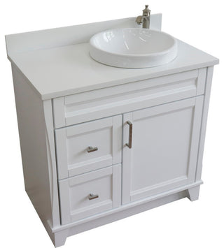 37" Single Sink Vanity, White Finish Top With White Engineered Stone Top
