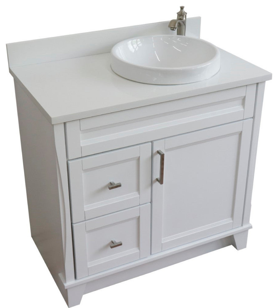 37" Single Sink Vanity, White Finish Top With White Engineered Stone Top