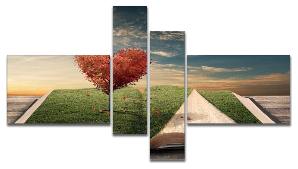 Amazing Heart Tree and Book, Large Abstract Canvas Artwork, 60"x32", 4 panels