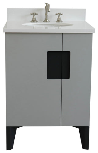 25" Single Sink Vanity, Light Gray Finish With Engineered Stone Top, Oval Sink