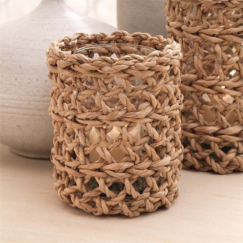 9.5" Tall Seagrass Woven Hurricane Candle Holder, Glass Insert