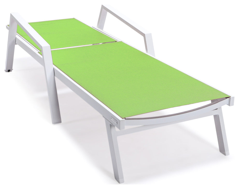 LeisureMod Marlin Chaise Lounge Set With Arms and Fire Pit Table, Green