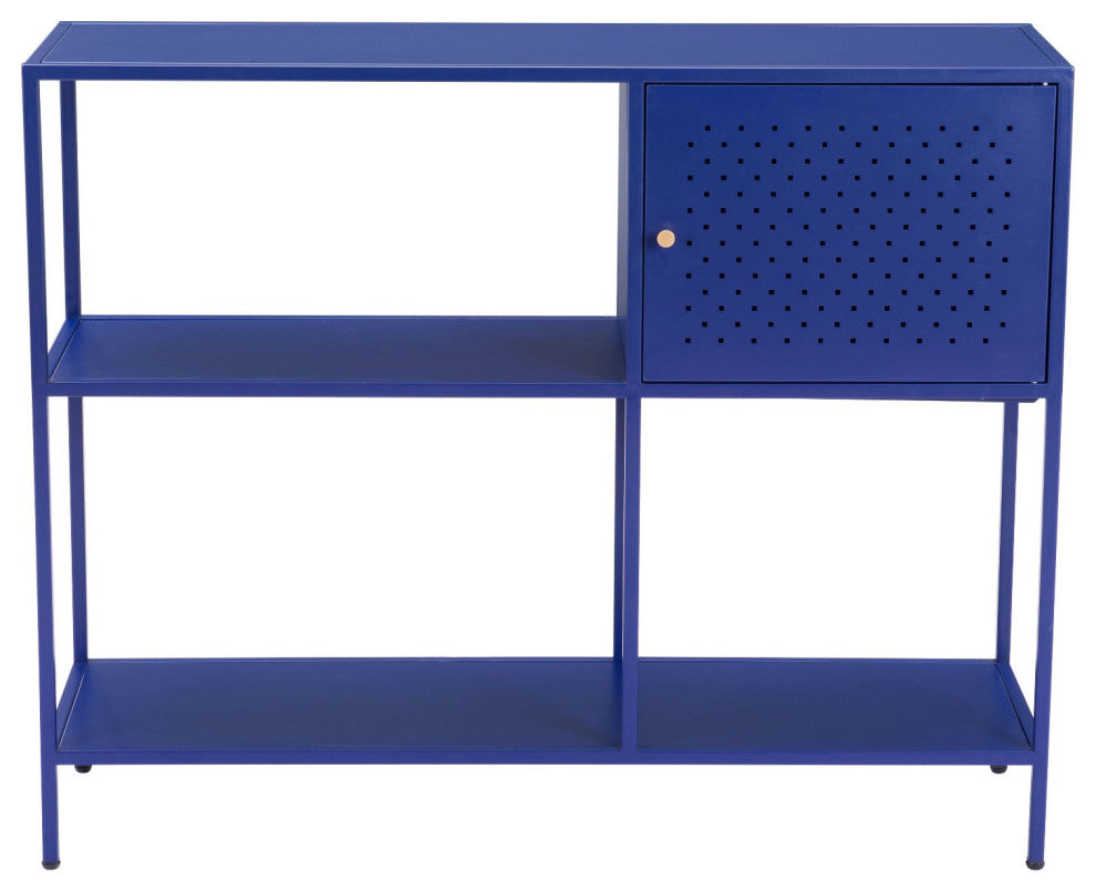 Bookcase Wall Shelf Rack, Steel Metal, Blue, Gold, Lounge Lobby Hospitality