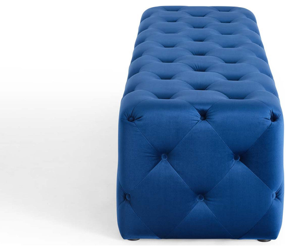 Tufted Accent Chair Bench, Velvet, Blue Navy, Modern, Living Lounge Hospitality