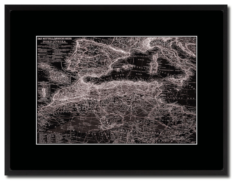 Western Mediterranean Old Vivid Sepia Map Print On Canvas With Frame, 16" X 21"