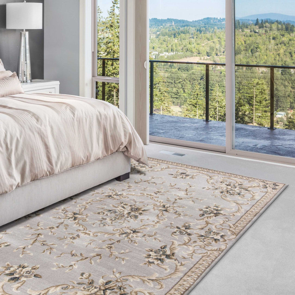 HomeRoots 9'x12' Light Grey Machine Woven Floral Traditional Indoor Area Rug