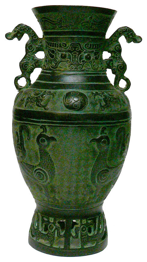 Chinese Old Dynasty Green Bronze Dragons Birds Pattern Ceremonial Vase Hcs1048