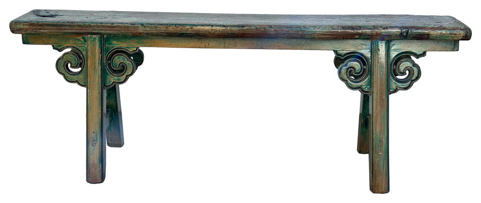 Distressed Brown Green Blue Village Slim Narrow Scroll Apron Wood Bench