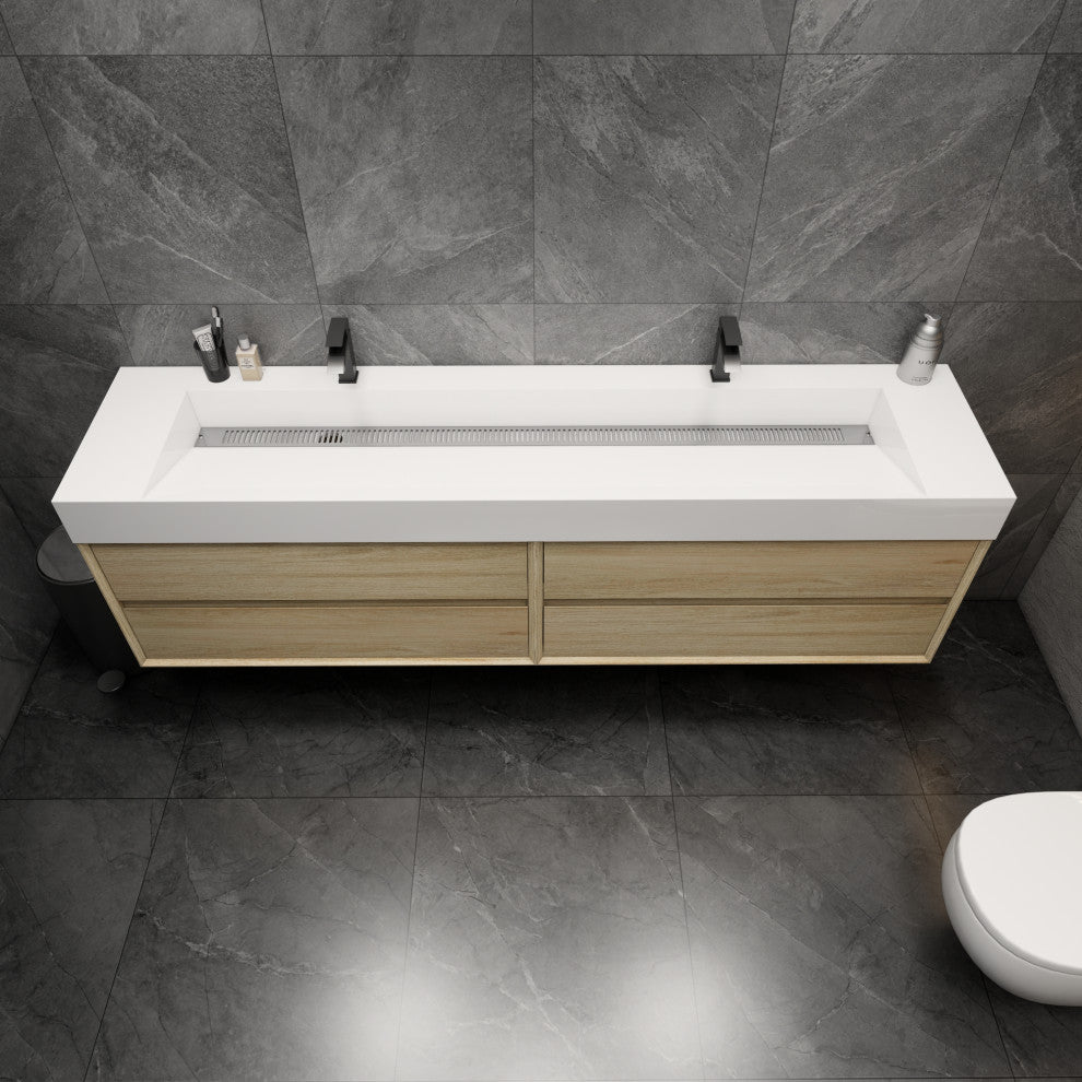 MAX 84" Double Floating Bath Vanity With Acrylic Sink, Coffee Wood, Coffee Wood