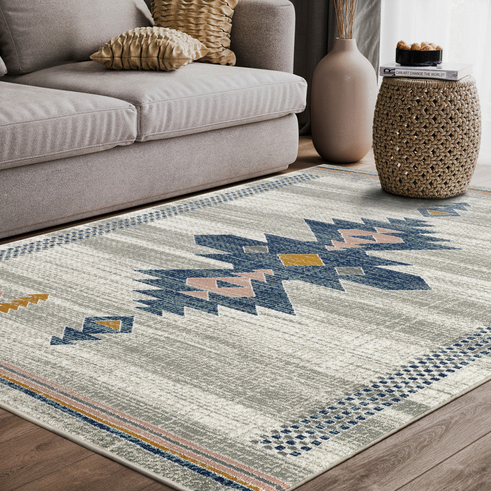 Abani Porto PRT110A Southwestern Tribal Print Blue and Orange Area Rug