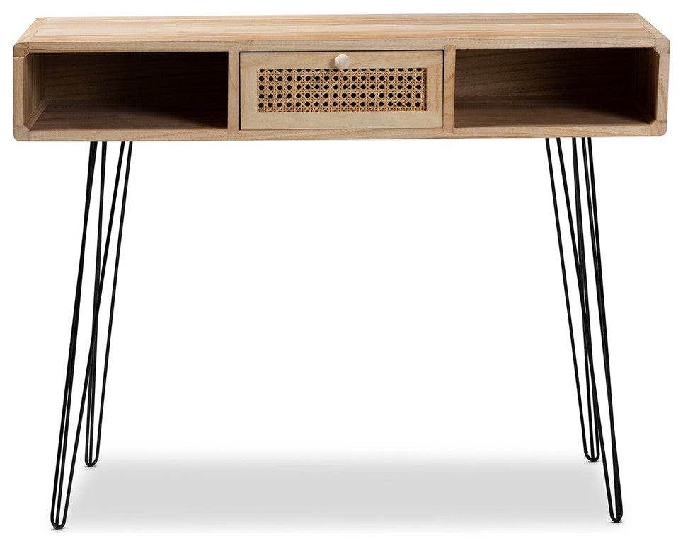 Mid-Century Modern Oak Brown Finished Wood Black Metal 1-Drwaer Console Table