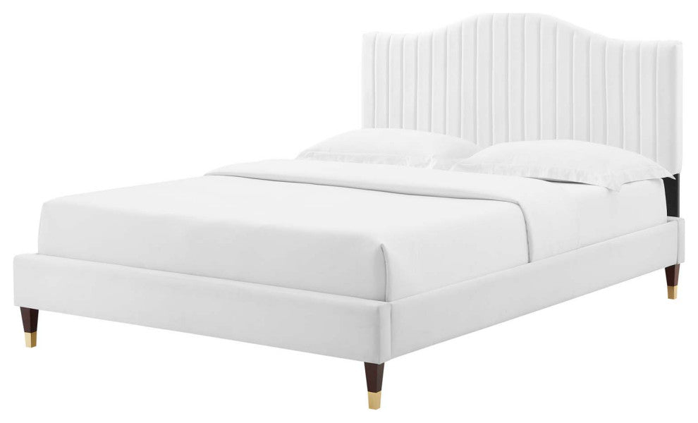 Tufted Platform Bed Frame, Full Size, Velvet, White, Modern Contemporary